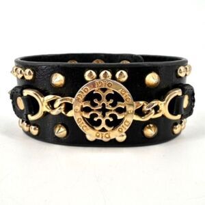 Dio Women's Goldtone Medallion Studded Leather Cuff Bracelet Black Chain